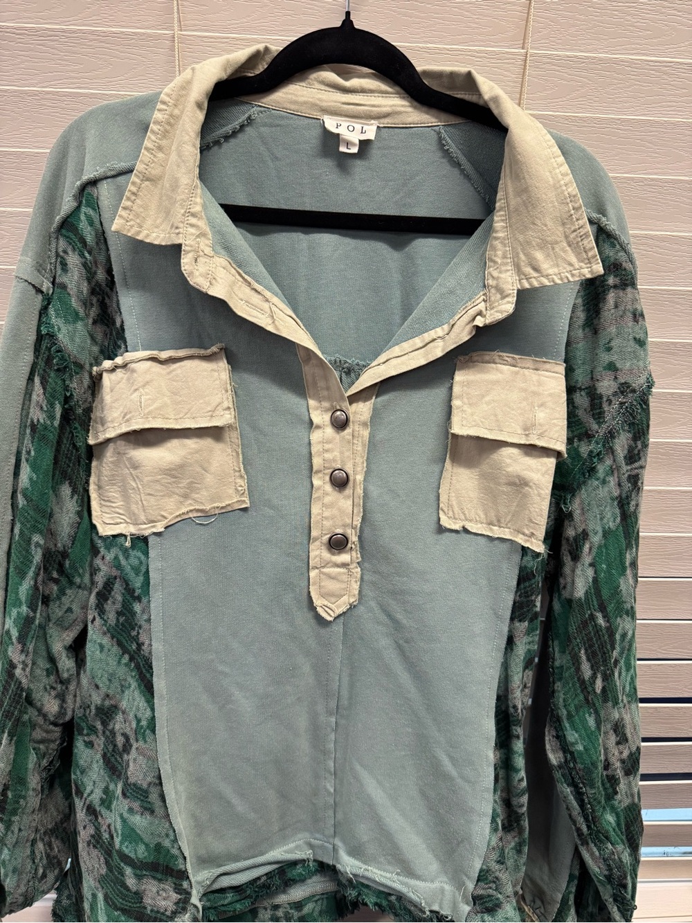 POL Button-Front Lightweight Top in Sage and Khaki